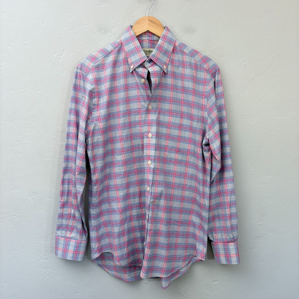 Gitman Bros Plaid Shirt Men Size Medium Blue Pink Pastel Button Down Long Sleeve